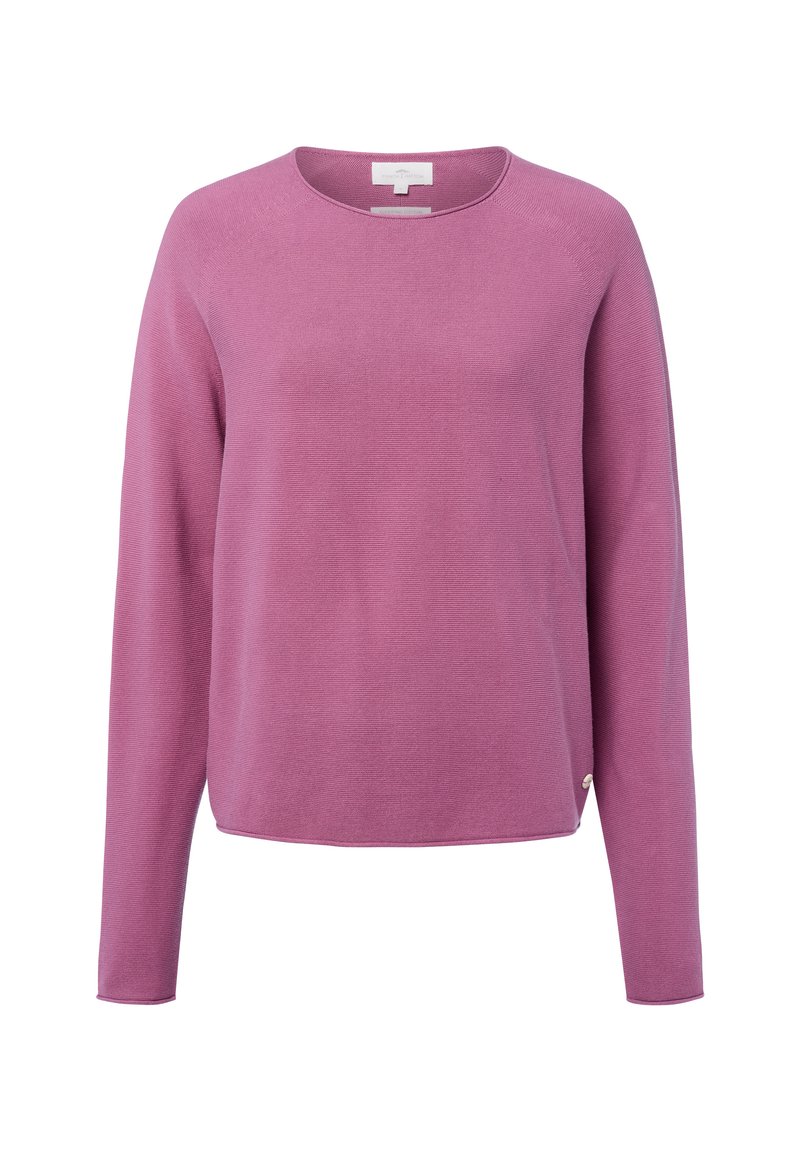 Lange mouwen, crew neck lavendelkleurige sweater met een klein zijknopdetail, weergegeven op een witte achtergrond.