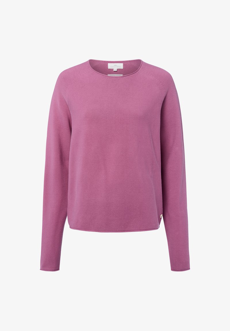 Lange mouwen, crew neck lavendelkleurige sweater met een klein zijknopdetail, weergegeven op een witte achtergrond.
