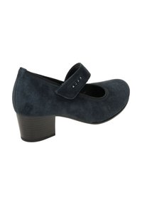 Scarpa Mary Jane in suede blu con punta arrotondata e tacco a blocco di altezza media. Presenta una striscia decorativa con tre piccoli borchiette.