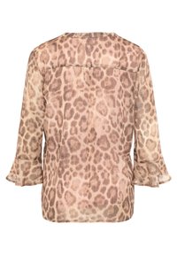 Blus med leopardmönster, semitransparent tyg, ljusbruna och beige toner, lös passform, utsvängda ärmar, rundad halsringning, detalj på bakseam.