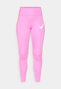 Visoke ružičaste tajice s bijelim Nike swoosh logotipom na gornjoj desnoj stranici bedra, prikazane na bijeloj pozadini.