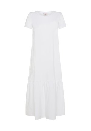 Hvid bomulds midi kjole med korte ærmer, rund halsudskæring og lagdelt nederdel. Glat tekstur, løs pasform, ideel til afslappet brug.