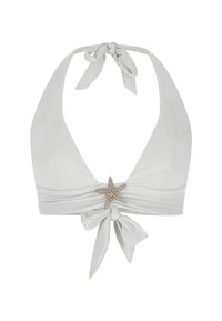 White halter neck bikini top, featuring a twisted front design and a gold and rhinestone starfish accent at the center. Smooth texture.