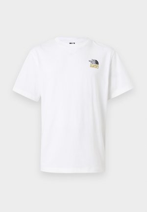 T-shirt blanc à manches courtes avec col rond et petit logo noir et or The North Face 1966 sur la poitrine en haut à gauche.