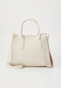 Valentino beige leather handbag with dual top handles, detachable shoulder strap, embossed logo, and smooth texture. Rectangular shape.