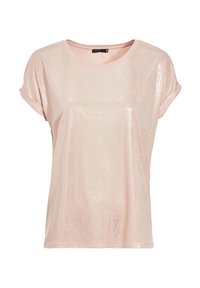 Helles rosa T-Shirt aus glänzendem Stoff, mit rundem Halsausschnitt, kurzen, umgeschlagenen Ärmeln und lockerer Passform mit feiner Textur. Minimalistisches Design.