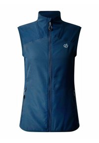 Marineblaue ärmellose Weste aus weichem, strukturiertem Stoff; mit einem Frontreißverschluss, hohem Kragen und Logo auf der linken Brust. Zwei seitliche Reißverschlusstaschen.