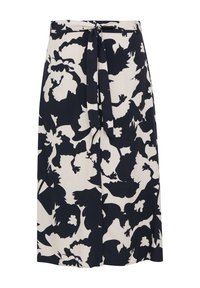 Blumiges Midi-Wickelrock mit taillierter Bindung, in einem navyblauen und cremefarbenen Farbschema, aus einem glatten Stoff mit glänzendem Finish.