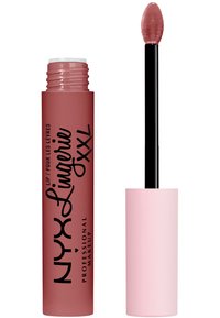 Prodotto per le labbra NYX Lingerie XXL in un tubetto rosa mattone con testo nero; include un applicatore nero con punta morbida e arrotondata.