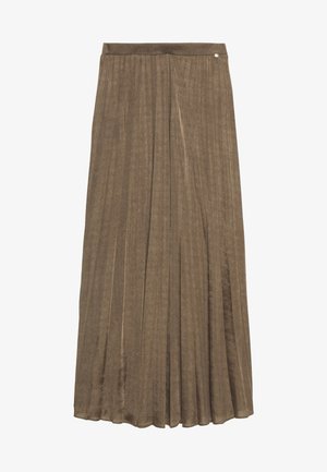 Langer, plissierter Rock aus einem weichen, strukturierten Stoff in einem gedämpften Braunton. Verfügt über einen taillierten Bund und ein kleines metallisches Detail.