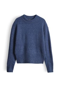 Maglione blu a maglia con scollo rotondo, spalle scese e dettagli a costine sull'orlo e sui polsini. Tessuto morbido con vestibilità comoda.