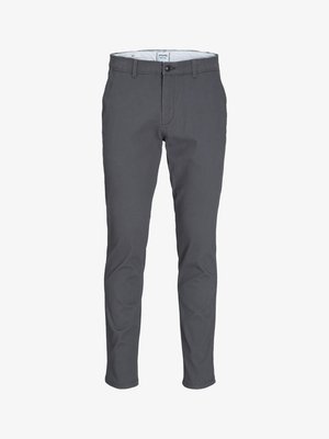 Gray cotton trousers with a slim fit, button closure, and pockets. Features a clean design and a smooth texture.