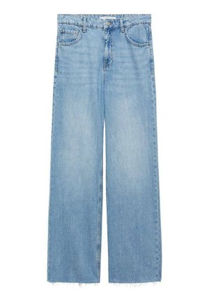 Jeans a gamba larga blu chiaro realizzati in denim, con vita alta, tasche frontali e orlo grezzo sulle caviglie. Design classico a cinque tasche.