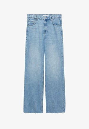 Světle modré široké džíny vyrobené z denimu, s vysokým pasem, předními kapsami a nenakrájeným lemem na kotnících. Klasický pětikapsový design.