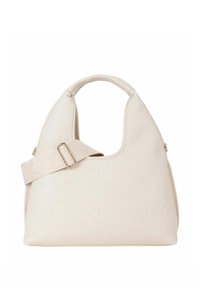 Borsa beige con finitura testurizzata, caratterizzata da una maniglia curva e una tracolla ampia con fibbia dorata, con motivi floreali e logo in rilievo.