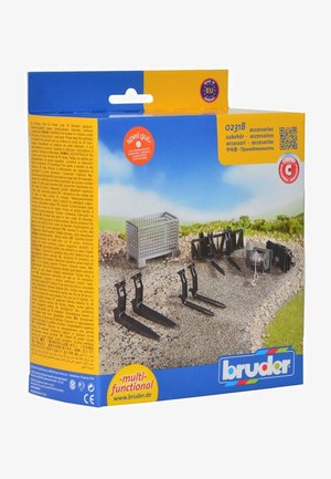 Bruder toy accessory set featuring a metal grid container, multiple black plastic forks, and a winch, all on a textured gravel surface.