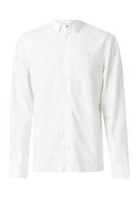 Hvid skjorte med knapper, lange ærmer, blødt tekstureret stof, enkelt logo broderet på brystet, standard krave og lukning med knapper foran.