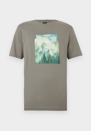 Gray cotton t-shirt with short sleeves and a rectangular graphic print featuring a landscape of trees and clouds in light blue and green tones.