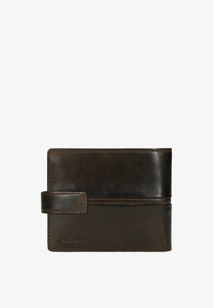 Portefeuille en cuir marron avec une texture lisse, design à deux volets, couture visible et fermeture à fermoir. Présente le logo de la marque embossé à l'avant.