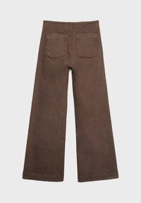 Brown wide-leg pants made of textured fabric, featuring two back pockets and a clean hem with no visible embellishments.