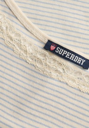 Tissu rayé bleu clair et blanc avec une bordure en dentelle crème et une étiquette marque Superdry bleu marine avec un emblème en forme de bouclier.