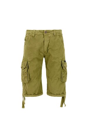 Olivově zelené cargo kraťasy s knoflíkovým zapínáním, poutky na pásek, bočními a nákladními kapsami s klopami a nastavitelnými šňůrkami na lemu.