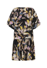 Robe ample à manches courtes avec jupe à volants, présentant un motif floral abstrait en noir, jaune, rose, bleu, marron et crème.