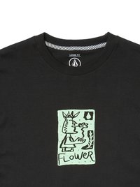 Schwarzes Baumwoll-T-Shirt mit lockerer Passform, Rundhalsausschnitt und einem türkisfarbenen Grafikdesign mit einer Figur, einer Blume und dem Wort "FLOWER."