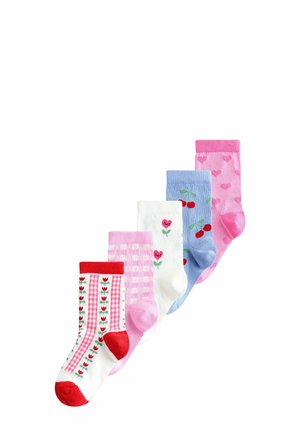 Five colorful children's socks with different patterns: red tulips, pink checks, heart flowers, cherries, and pink hearts.