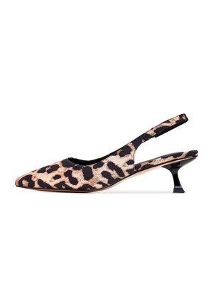 Décolleté slingback a punta in tessuto leopardato nero e beige, con tacco basso curvo nero e design con tallone aperto.
