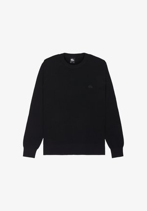 Czarny dzianinowy sweter z okrągłym dekoltem, ściągaczami na mankietach i na dole. Posiada subtelne czarne logo na lewej piersi. Tkanina o fakturze.