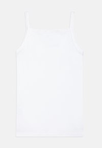 Λευκή βαμβακερή αμάνικη μπλούζα με λεπτές τιράντες, ίσια κόψη στο τελείωμα, λεία υφή και χωρίς ορατά μοτίβα ή διακοσμητικά στοιχεία.