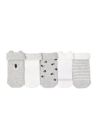 Fünf Paare gefalteter Babysocken in Grau und Weiß, mit einem Bärenkopf, Pfotenabdrücken, einfarbigen Designs und gestreiften Mustern.
