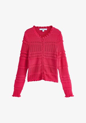 Kötött korallos kardigán texturált mintával, bordázott szegélyekkel, kerek nyakkivágással és elöl gombos záródással. Hosszú ujjú, könnyű anyagból.