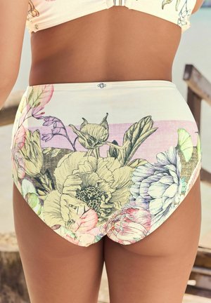 Chiloței de bikini cu talie înaltă dintr-un material ușor, având un imprimeu floral în culori pastelate și artă liniară detaliată a diferitelor flori.