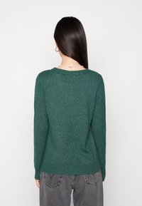 Dark green sweater with a rounded neckline, long sleeves, and a textured finish. Worn with gray jeans, seen from the back.