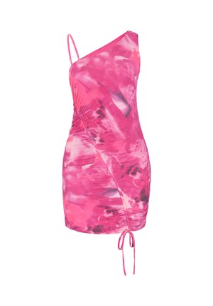 Różowa mini sukienka na jedno ramię z efektem tie-dye, marszczona z regulowanym ściągaczem z boku i cienkim ramiączkiem spaghetti na przeciwnym ramieniu.