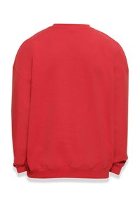 Roter Sweatshirt mit rundem Ausschnitt, langen Ärmeln und umgeschlagenen Säumen; glatte Textur mit einfarbigem Design und ohne sichtbare Muster oder Akzente.