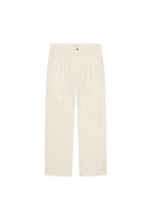 Beżowe spodnie wykonane z bawełnianej tkaniny, o prostym kroju nogawek, z dwoma przednimi kieszeniami i pojedynczym zapięciem na guzik w pasie.