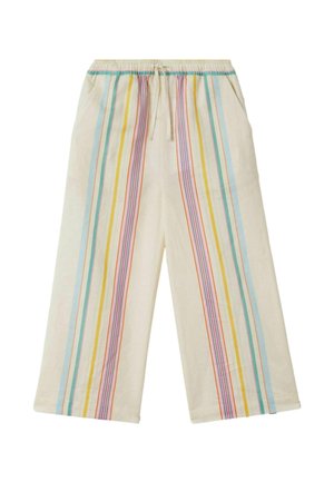 Cremefarvede bukser med vide ben og lodrette pastelfarvede striber i pink, blå, gul og grøn, med elastisk talje og snøre.
