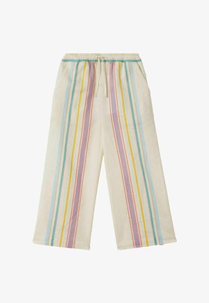 Pantalones crema de pierna ancha con rayas verticales en tonos pastel rosa, azul, amarillo y verde, con cintura elástica y cordón.