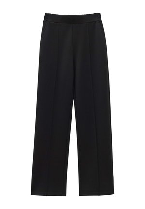 Zwarte wijde broek met een geplooid ontwerp, elastische tailleband en zijzakken. Gemaakt van zachte stof met een gladde textuur.