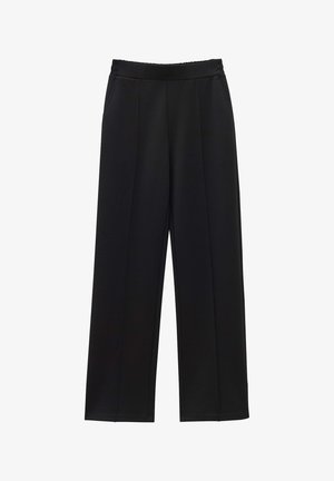 Zwarte wijde broek met een geplooid ontwerp, elastische tailleband en zijzakken. Gemaakt van zachte stof met een gladde textuur.