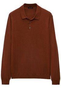 Long-sleeve polo shirt in dark brown fabric, featuring a classic collar and three-button placket. Smooth texture with ribbed cuffs and hem.