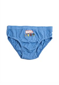 Slip in cotone blu con logo Marvel e illustrazioni di quattro volti di supereroi. Fascia elastica in vita e bordi arricciati.