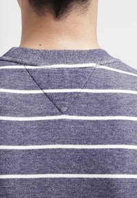 Achteraanzicht van een persoon die een blauw-wit gestreepte trui draagt met een driehoekig stikselpatroon bij de hals.