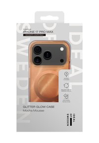 Glitter Glow-etuiet i Mocha Mousse for iPhone 17 Pro Max; gjennomsiktig design med en skinnende, strukturert overflate og sentralt MagSafe-ring.