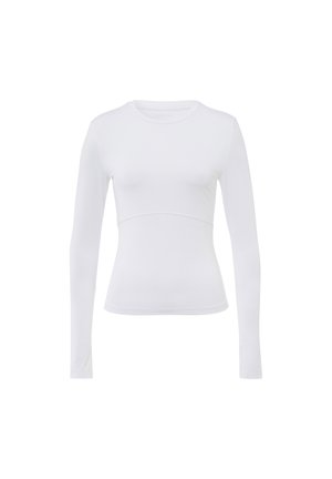 Top blanco de manga larga hecho de una tela ligera, que presenta una silueta ajustada y una textura suave con un escote redondo y sin acentos visibles.