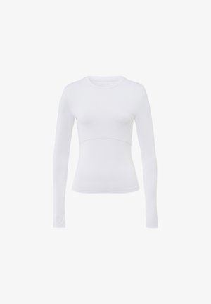 Maglietta bianca a maniche lunghe realizzata in tessuto leggero, con una silhouette aderente e una texture liscia, con scollatura a girocollo e senza dettagli visibili.