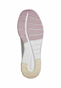 Semelle de chaussure au design superposé en rose, blanc et crème. Comprend des rainures, des points pour l'adhérence et des accents texturés. Légère et flexible.